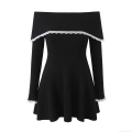 Women Off Shoulder Knit Mini Dress With Lace Trim Long Sleeve Rib-Knit Sexy Casual Short Dress For Women Party Clubwear