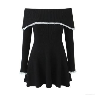 Women Off Shoulder Knit Mini Dress With Lace Trim Long Sleeve Rib-Knit Sexy Casual Short Dress For Women Party Clubwear