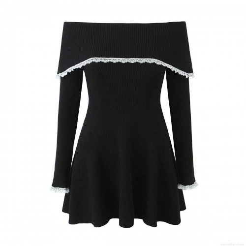 Women Off Shoulder Knit Mini Dress With Lace Trim Long Sleeve Rib-Knit Sexy Casual Short Dress For Women Party Clubwear
