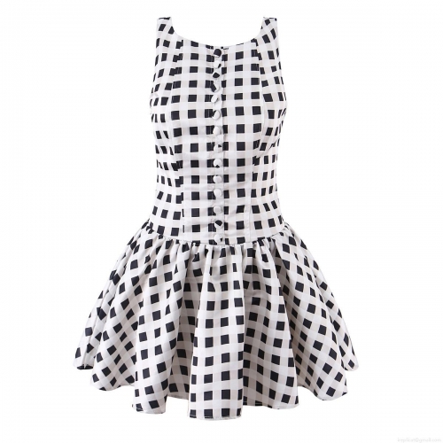 Women Sexy Plaid Mini Dress Sleeveless Round Neck Single Breasted Button High Waist A-Line Polyester Satin Checkered Dress For Summer Party Daily Wear