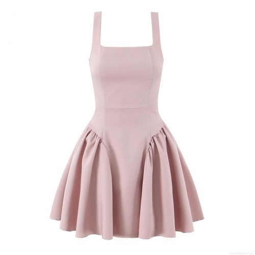 Women's Elegant Square Neck Sleeveless Mini Dress Sexy Lace-up Back Pleated A-Line Cocktail Party Dress Solid Color Polyester Spandex Dress