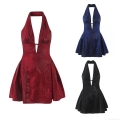 Women Sexy Deep V Neck Halter Backless Pleated Dress Satin Metallic Luster Mini Party Dress French Style Sleeveless High Waist Short Clubwear Dress