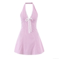 Women's Sexy Halter Neck Striped Mini Dress Deep V-neck Lace Trim Bow Decoration Backless A-Line Summer Vacation Sweet French Style Sleeveless Short Sun Dress