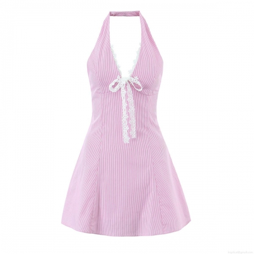 Women's Sexy Halter Neck Striped Mini Dress Deep V-neck Lace Trim Bow Decoration Backless A-Line Summer Vacation Sweet French Style Sleeveless Short Sun Dress