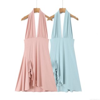 Women Sexy Halter Deep V-Neck Mini Dress Nylon Spandex Irregular Ruffle Hem Sleeveless Backless Summer Beach Party Vacation Dresses