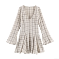 Women's V-Neck Plaid Mini Dress With Bell Sleeves Textured Polyester Checkered Long Sleeve Flare Sleeve Dress For Casual Vacation Party Sweet Lolita Style Short Dress