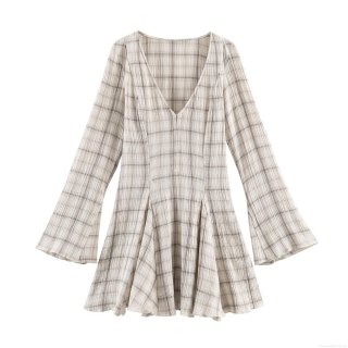 Women's V-Neck Plaid Mini Dress With Bell Sleeves Textured Polyester Checkered Long Sleeve Flare Sleeve Dress For Casual Vacation Party Sweet Lolita Style Short Dress