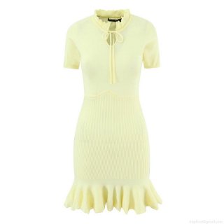 Women Short Sleeve Knit Mini Dress With Ruffle Hem And Lace Up Front Sweet French Style Knitted Bodycon Dress For Summer Party Dating