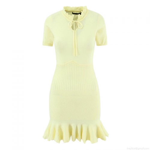 Women Short Sleeve Knit Mini Dress With Ruffle Hem And Lace Up Front Sweet French Style Knitted Bodycon Dress For Summer Party Dating