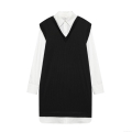 Women's Sexy Spice Girl Mini Dress Fake Two-Piece V-Neck Knit Vest Patchwork White Shirt Layered Long Sleeve Preppy Chic Loose Fit Polyester Dress