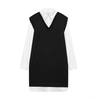 Women's Sexy Spice Girl Mini Dress Fake Two-Piece V-Neck Knit Vest Patchwork White Shirt Layered Long Sleeve Preppy Chic Loose Fit Polyester Dress
