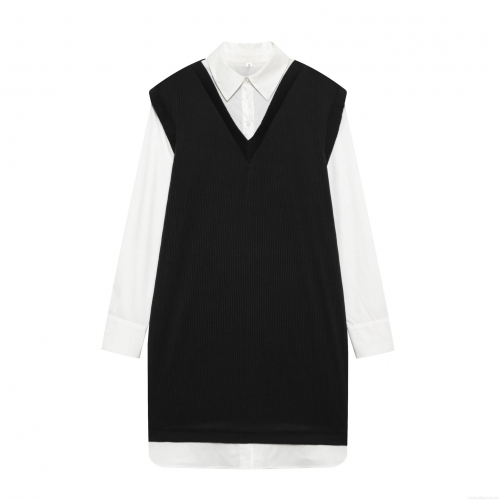 Women's Sexy Spice Girl Mini Dress Fake Two-Piece V-Neck Knit Vest Patchwork White Shirt Layered Long Sleeve Preppy Chic Loose Fit Polyester Dress