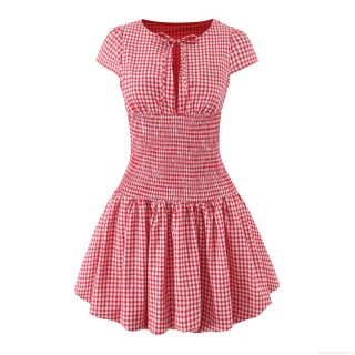 Women's Gingham Short Sleeve Mini Dress French Sweet Smocked Waist A-Line Plaid Sundress With Back Tie Summer Rayon Polyester Blend Casual Party Clothing