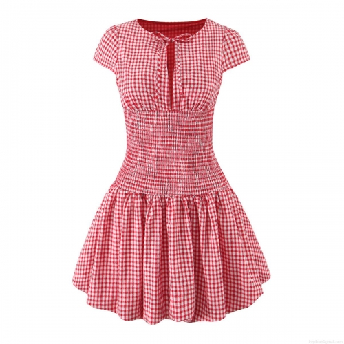 Women's Gingham Short Sleeve Mini Dress French Sweet Smocked Waist A-Line Plaid Sundress With Back Tie Summer Rayon Polyester Blend Casual Party Clothing
