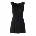 Women Fashion Lace Trim Square Neck Sleeveless Mini Dress Sweet Solid Color Button Up A-Line Dress with Back Bow Knot