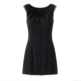 Women Fashion Lace Trim Square Neck Sleeveless Mini Dress Sweet Solid Color Button Up A-Line Dress with Back Bow Knot