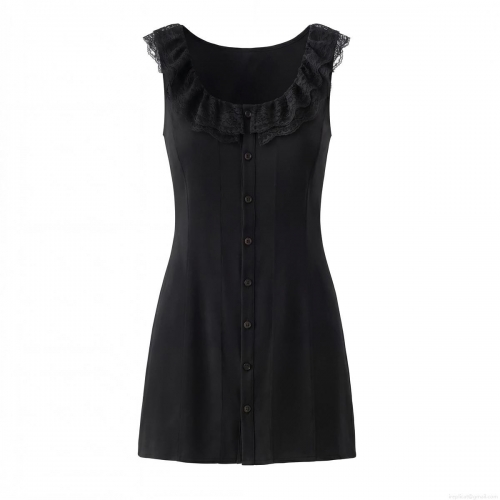 Women Fashion Lace Trim Square Neck Sleeveless Mini Dress Sweet Solid Color Button Up A-Line Dress with Back Bow Knot