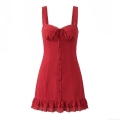 Women Cotton Hollow Out Embroidery Camisole Dress Back Tie-Up Ruffle Hem Button Down Lace Trim Lolita Sweet Sexy Mini Dress