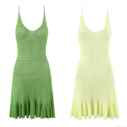 Women's Summer Knit Crochet Mini Dress Sexy Hollow Out V-Neck Spaghetti Strap Ruffle Hem Beach Vacation Sleeveless Polyester Blend Solid Color Sun Dress Party Wear