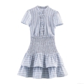 Women Sweet Plaid Mini Dress Short Sleeve Mock Neck Smocked Waist Layered Ruffle Hem Polyester Spandex Sexy Gingham Short Dress For Party Dating Summer