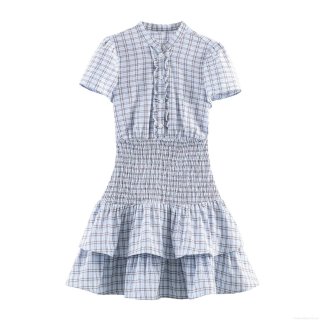 Women Sweet Plaid Mini Dress Short Sleeve Mock Neck Smocked Waist Layered Ruffle Hem Polyester Spandex Sexy Gingham Short Dress For Party Dating Summer