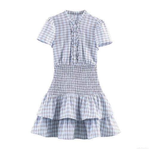 Women Sweet Plaid Mini Dress Short Sleeve Mock Neck Smocked Waist Layered Ruffle Hem Polyester Spandex Sexy Gingham Short Dress For Party Dating Summer
