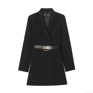 Women Double Breasted V-Neck Long Sleeve Blazer Dress With Belt Elegant Gold U-Buckle Polyester Crepe Mini Dress Office Commute Sexy Party Outfit