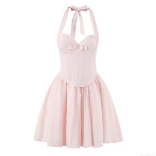 Elegant Women Sexy Halter Corset Mini Dress With Bow Decoration Mesh Tulle Backless Lacing Party Dress Sweet A-Line Short Dress For Women Clubwear