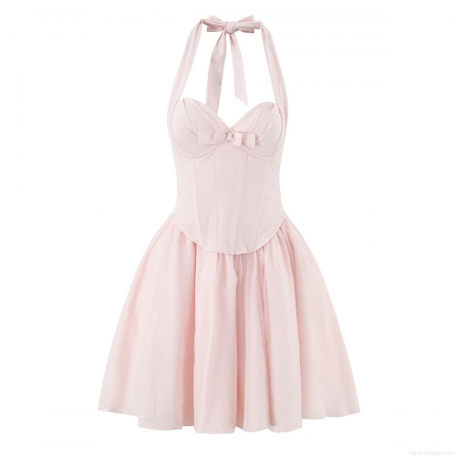 Elegant Women Sexy Halter Corset Mini Dress With Bow Decoration Mesh Tulle Backless Lacing Party Dress Sweet A-Line Short Dress For Women Clubwear