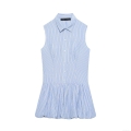 Women's Sleeveless Shirt Dress Blue White Vertical Striped Polyester Cotton Blend Button Down Ruffle Bubble Hem Mini Dress Casual Daily Holiday Wear