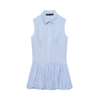 Women's Sleeveless Shirt Dress Blue White Vertical Striped Polyester Cotton Blend Button Down Ruffle Bubble Hem Mini Dress Casual Daily Holiday Wear