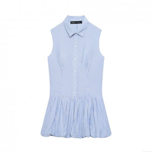 Women's Sleeveless Shirt Dress Blue White Vertical Striped Polyester Cotton Blend Button Down Ruffle Bubble Hem Mini Dress Casual Daily Holiday Wear