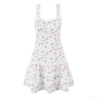 Women's French Floral Polyester Dress With Lace Trim Sweetheart Neck Sleeveless High Waist Ruffle Layered Mini Cake Skirt For Vacation Party Sexy Clubwear