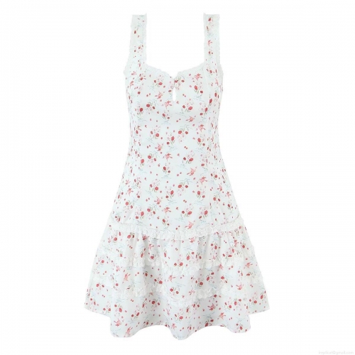 Women's French Floral Polyester Dress With Lace Trim Sweetheart Neck Sleeveless High Waist Ruffle Layered Mini Cake Skirt For Vacation Party Sexy Clubwear