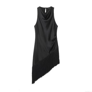Women Sexy Satin Sleeveless Cowl Neck Mini Dress With Long Fringe Asymmetric Hem Draped Backless Party Club Tassel Dress