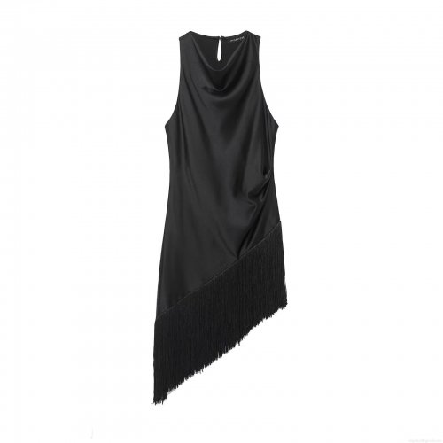 Women Sexy Satin Sleeveless Cowl Neck Mini Dress With Long Fringe Asymmetric Hem Draped Backless Party Club Tassel Dress