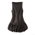 Sexy Women Sleeveless PU Leather Puffy Mini Dress Round Neck High Waist Back Zipper Solid Color A-Line Silhouette Cocktail Party Clubwear Short Dress