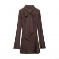 Women's Elegant Satin Silk Long Sleeve Mini Dress With Bow Tie Neck Fashion Solid Coffee Bodycon Party Dress Sexy Clubwear For Ladies