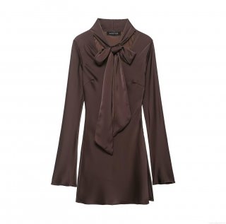 Women's Elegant Satin Silk Long Sleeve Mini Dress With Bow Tie Neck Fashion Solid Coffee Bodycon Party Dress Sexy Clubwear For Ladies