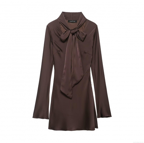Women's Elegant Satin Silk Long Sleeve Mini Dress With Bow Tie Neck Fashion Solid Coffee Bodycon Party Dress Sexy Clubwear For Ladies