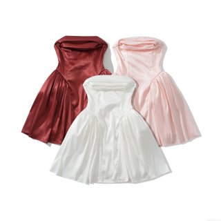 Women Sexy Satin Tube Top Mini Dress Strapless Off-Shoulder Pleated A-Line Party Evening Dress Lace-up Back Sleeveless Cocktail Skirt for Ladies