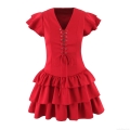Women's Retro Sexy V Neck Lace Up Ruffle Short Sleeve Tiered Cake Mini Dress Polyester Spandex Solid Color Party Clubwear Gothic Sweet Dress