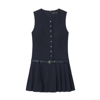 Women's Elegant Dark Blue Sleeveless Pleated Dress With Waist Belt And Button Front Slim Fit Summer Casual Mini Dress For Ladies