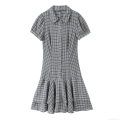 Women's Plaid Tiered Mini Dress Short Sleeve Shirt Collar Button Down Polyester Lolita Style Sweet Summer Casual Dress