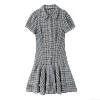 Women's Plaid Tiered Mini Dress Short Sleeve Shirt Collar Button Down Polyester Lolita Style Sweet Summer Casual Dress