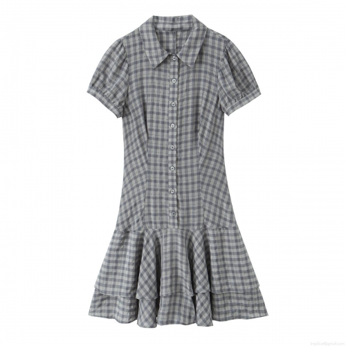 Women's Plaid Tiered Mini Dress Short Sleeve Shirt Collar Button Down Polyester Lolita Style Sweet Summer Casual Dress