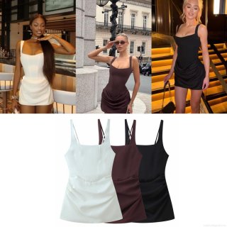 Women Sexy Ruched Camisole Mini Dress Square Neck Fishbone Bodycon Party Dress Backless Lace Up Polyester Blend Clubwear Sleeveless Slim Fit Summer Dress