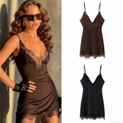 Women's Sexy Lace Patchwork Satin Slip Dress V-Neck Spaghetti Strap Sleeveless Slim Fit Party Club Mini Dress Elegant Nightgown
