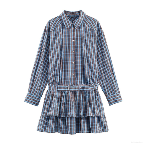 Women Fashion Plaid Long Sleeve Mini Dress With Belt Retro Ruffle Layered Hem Shirt Collar Short Gown For Party Casual Ladies British Style Plaid Outfit