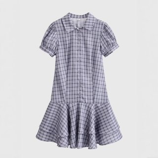 Women's Sexy Lolita Style Plaid Mini Dress 100% Polyester Short Sleeve Shirt Collar Ruffle Layered Gingham Dress For Party Clubwear Ladies